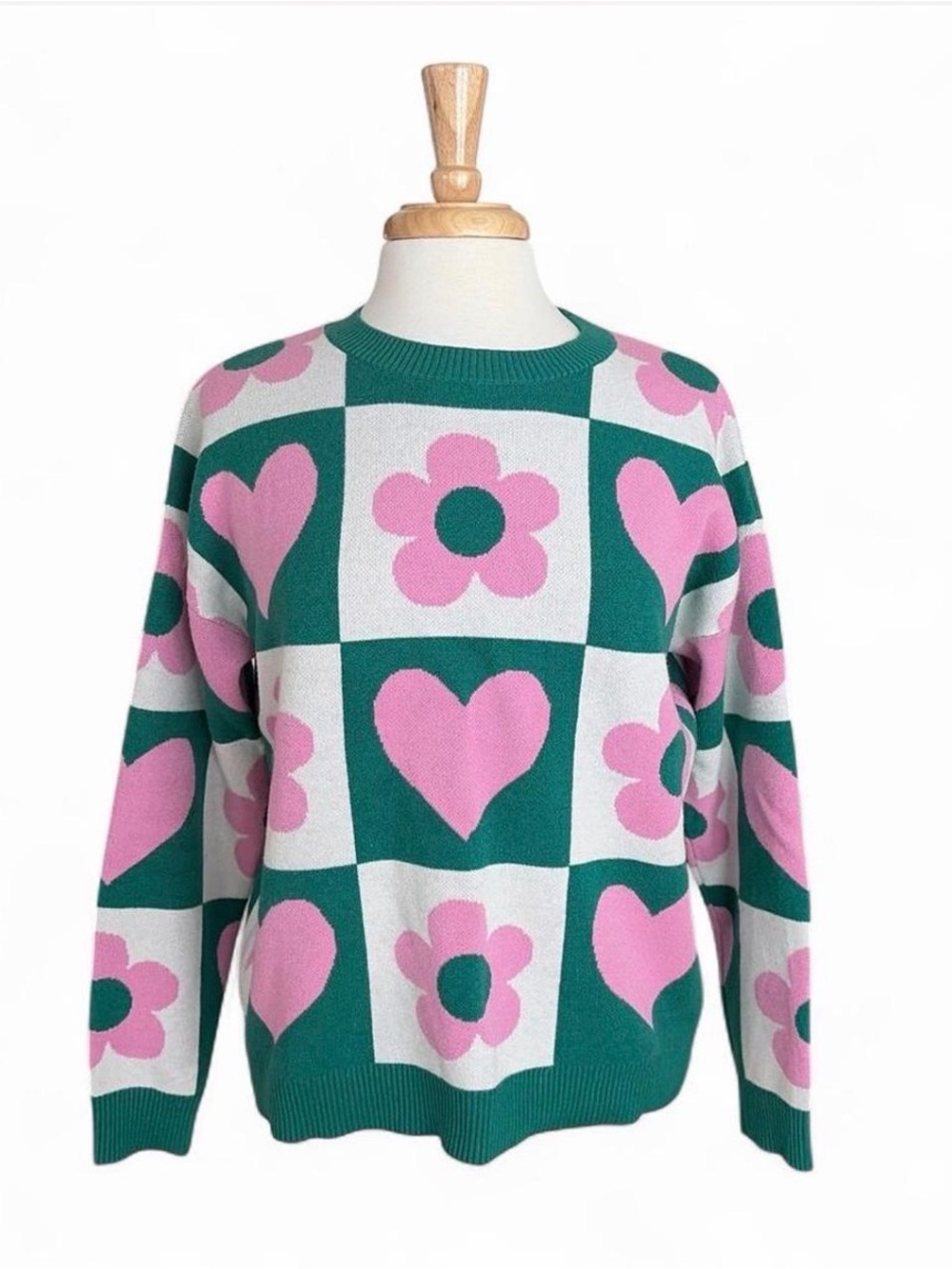 Green & Pink Floral Heart Crewneck Sweater